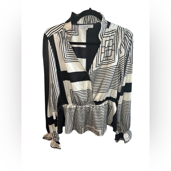 Sweet Rain Tops - Sweet Rain Black and White Graphic Wrap Blouse